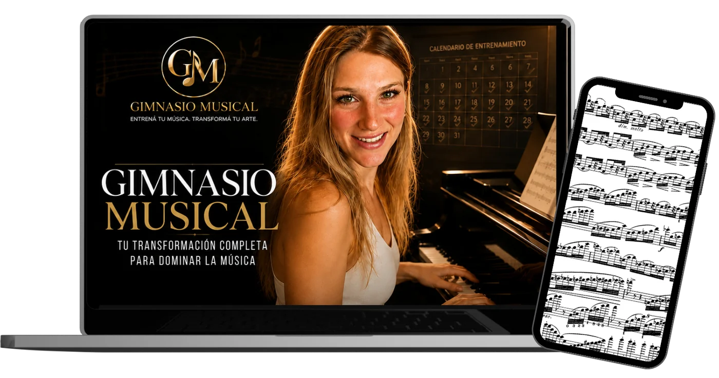 Vista previa del curso Gimnasio Musical en laptop, celular y tablet